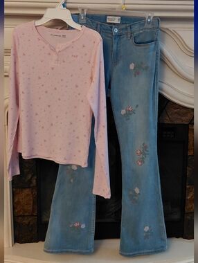 Abercrombie Kids Pink Ribbed Long Sleeve Floral Henley & Blue Floral Flare Jeans